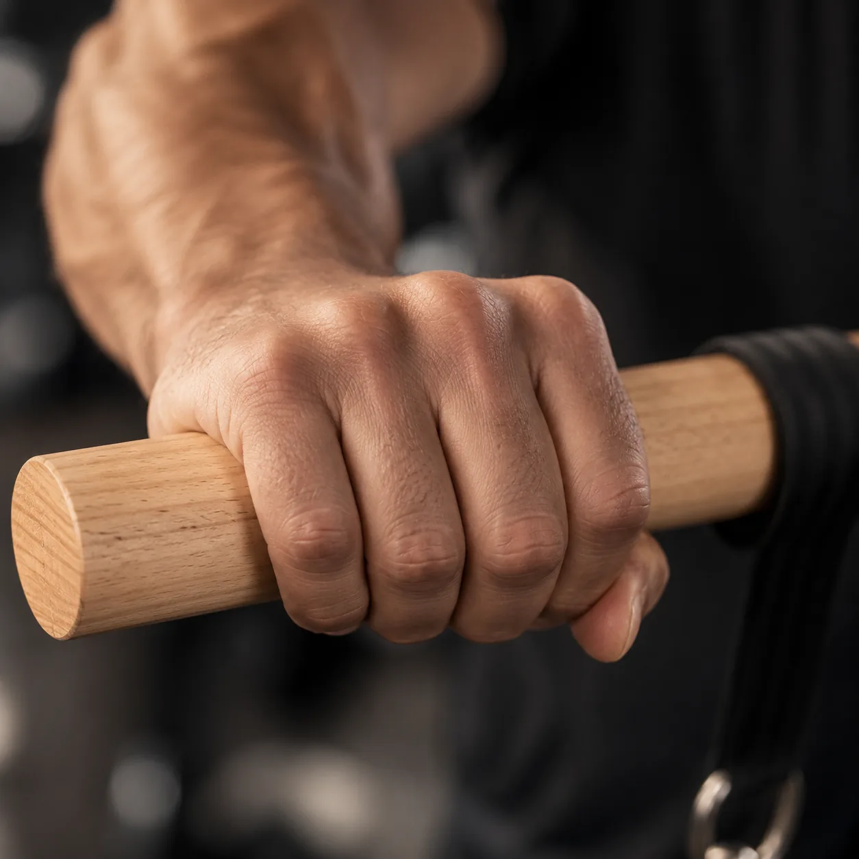 Bare hand closed around one end of the Gripwood wooden bar, showing the full-width grip the handle allows