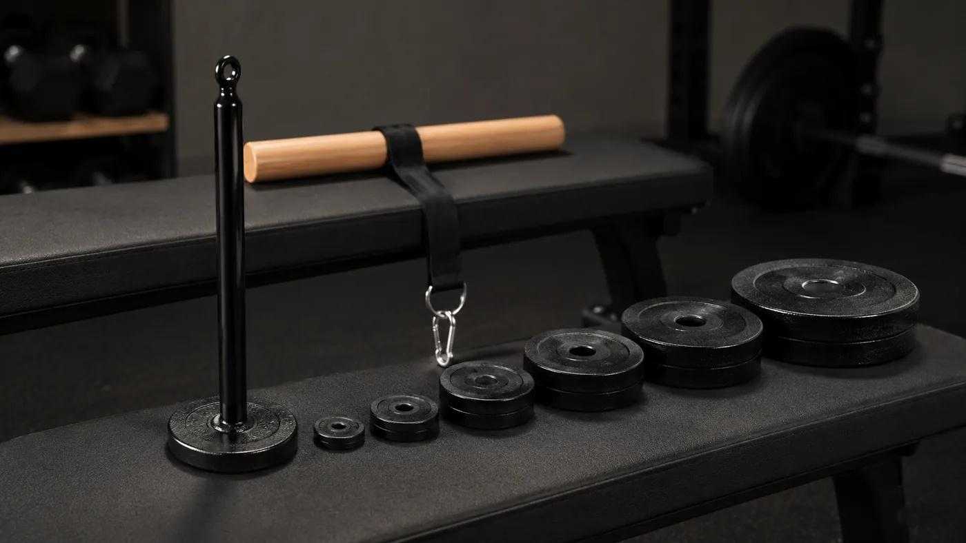Loading pin beside cast-iron plates of increasing size, wrist roller resting on the bench behind