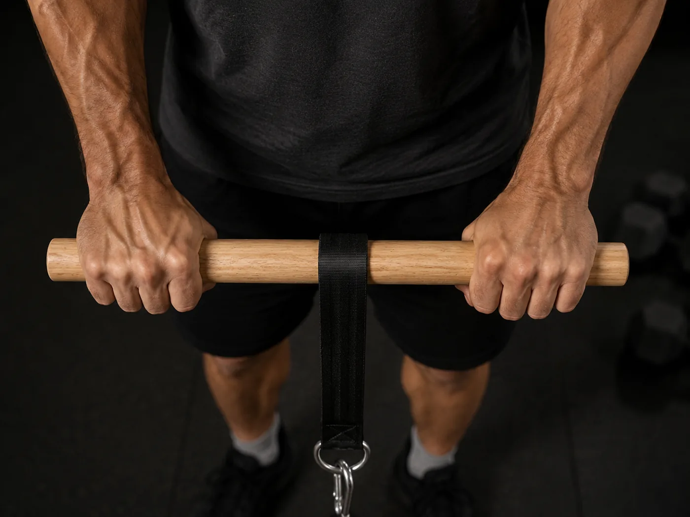 Palms-down grip on the bar seen slightly from above, working the top of the forearms