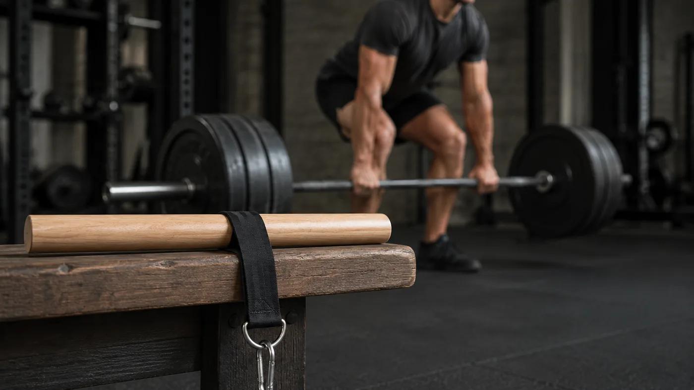 Roller sharp in the foreground on a bench while the same lifter deadlifts an olympic bar behind