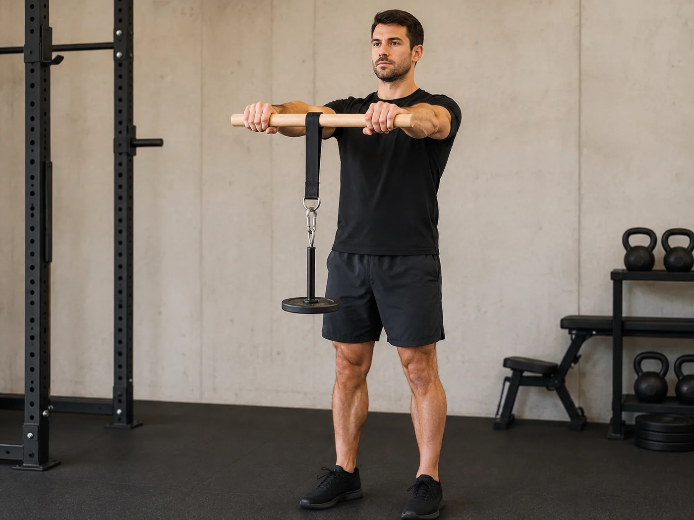Correct starting position: bar horizontal at shoulder height, strap vertical from the centre, loading pin hanging clear of the floor