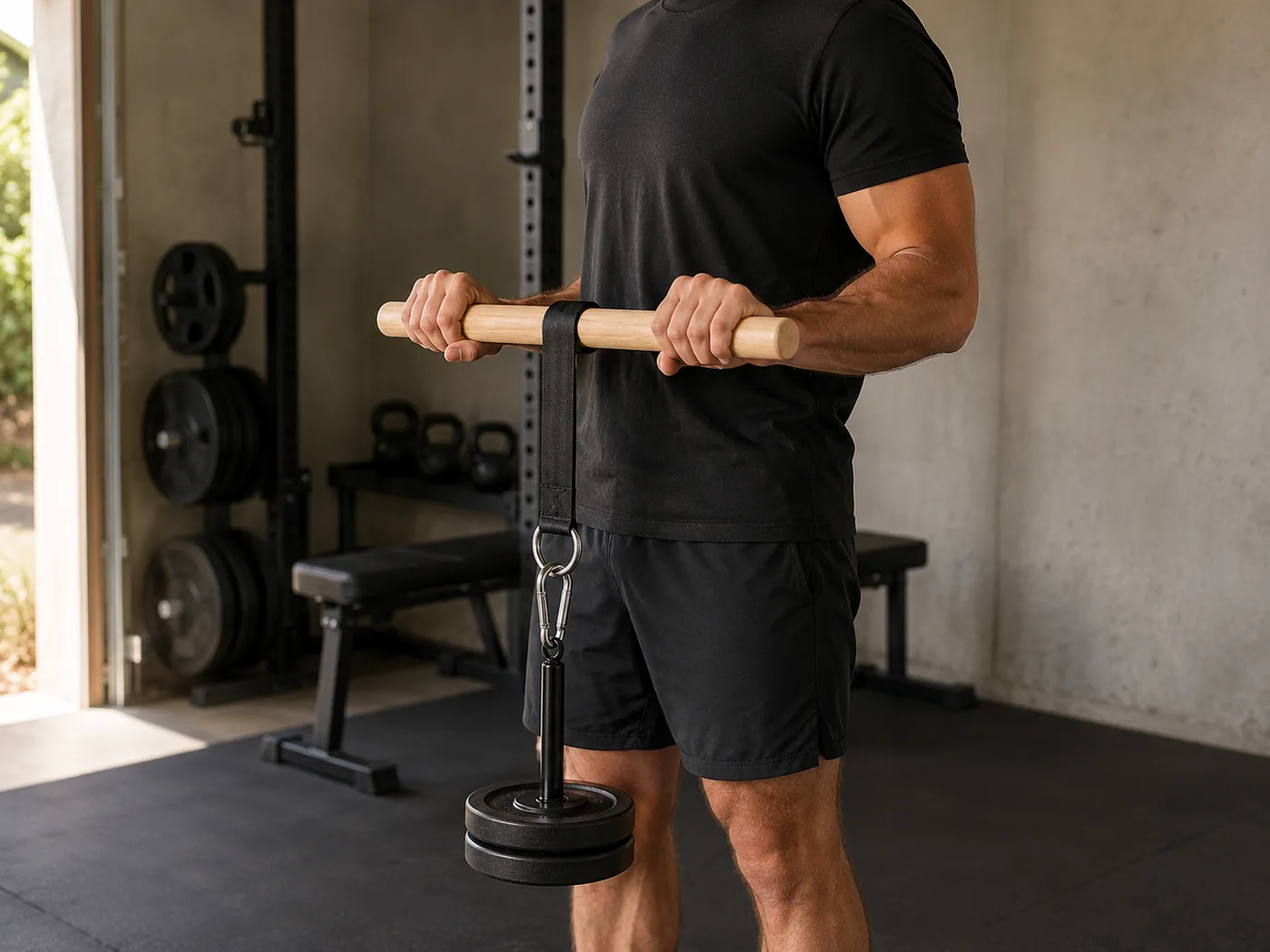 Elbows pinned to the ribs at ninety degrees, forearms parallel to the floor, roller held low near the navel