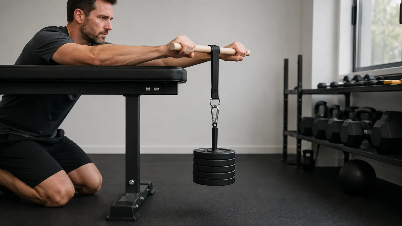 Forearms resting flat on a bench with the wrists past the edge, the Gripwood strap hanging clear in front — the seated, fully supported position