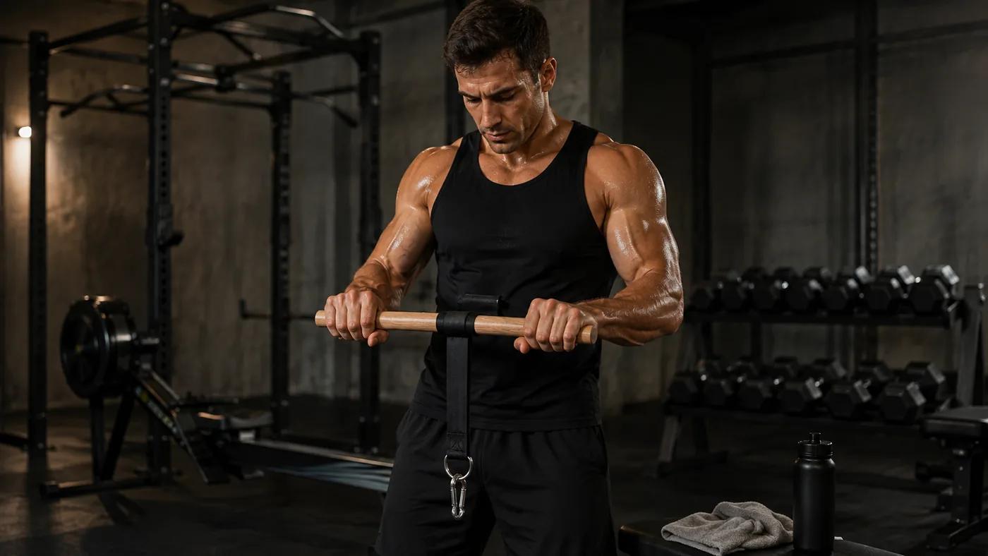 Lifter finishing a pull session with the wrist roller, pull-up bar and dumbbells behind him