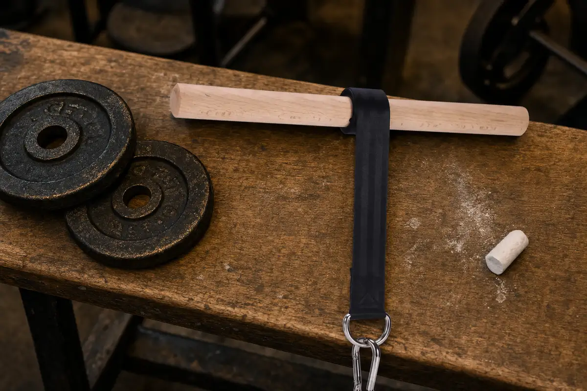 Wrist roller on a wooden workout bench beside small cast-iron plates and chalk