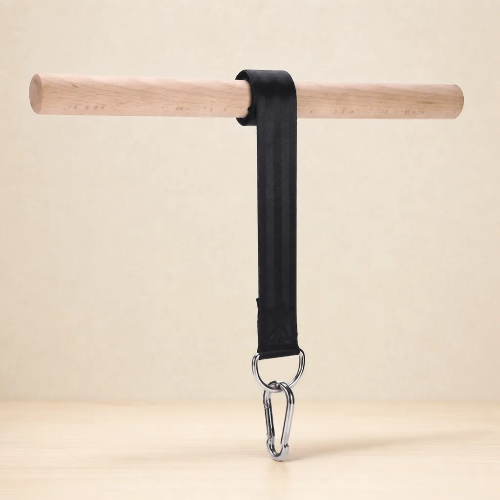 Gripwood wrist roller with wooden handle, black nylon strap and steel carabiner