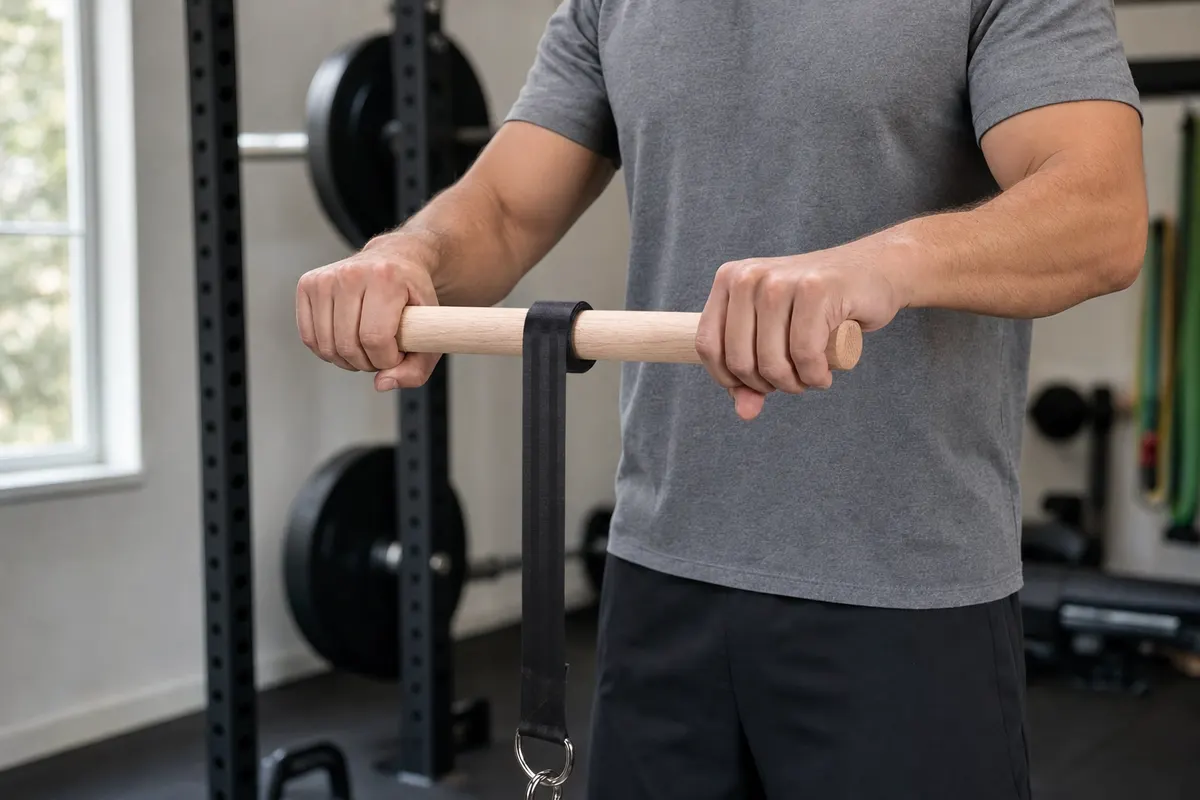 Athlete training with the wrist roller in a home garage gym