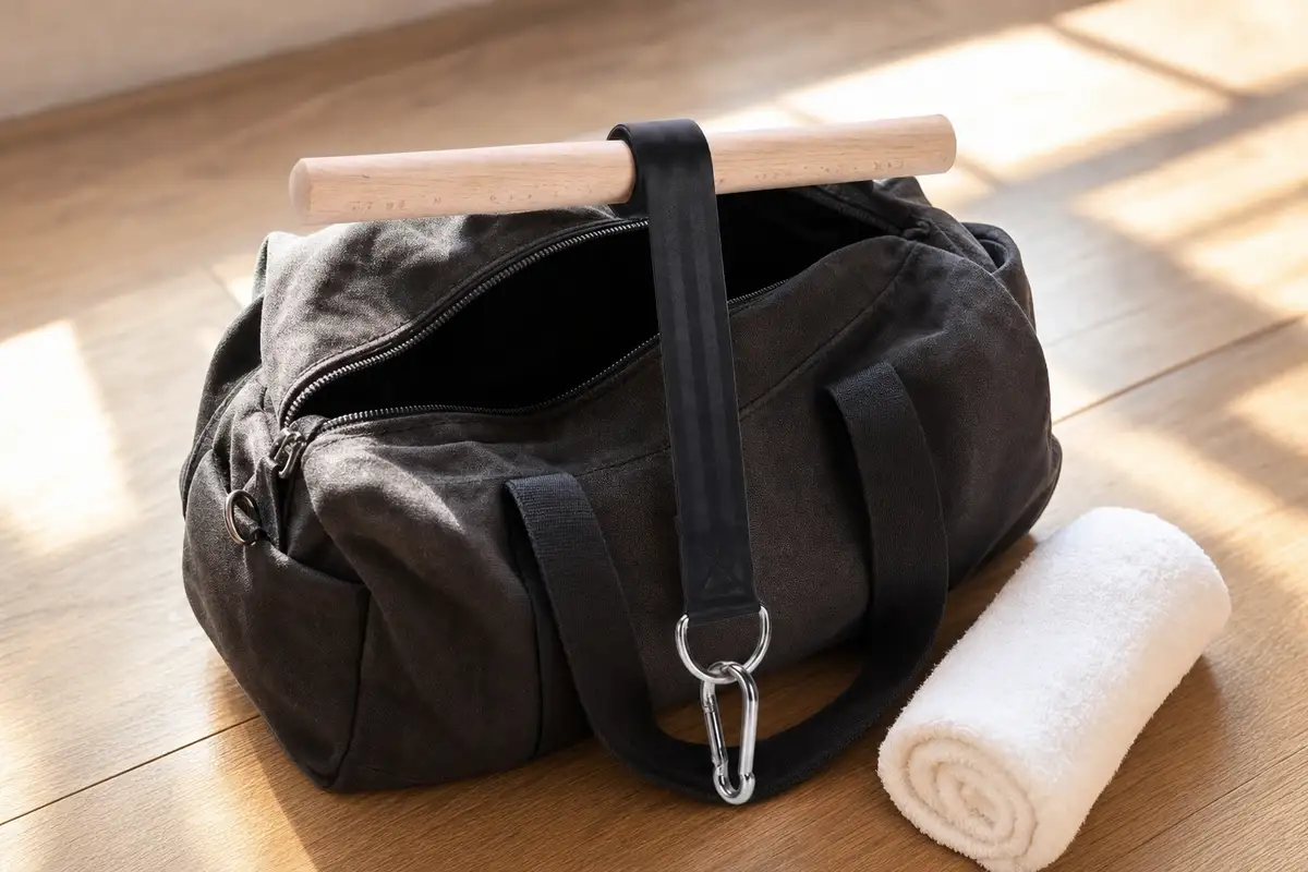Wrist roller packed on top of an open gym bag